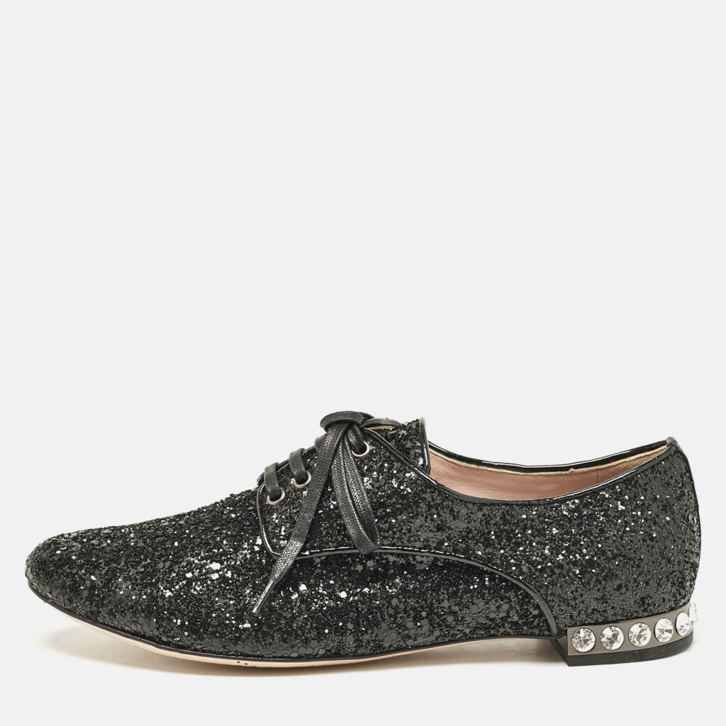 Miu Miu Black Glitter Crystal Embellished Heels Lace Up Derby Size 36 Miu Miu Black Glitter Crystal Embellished Heels Lace Up Derby Size 36