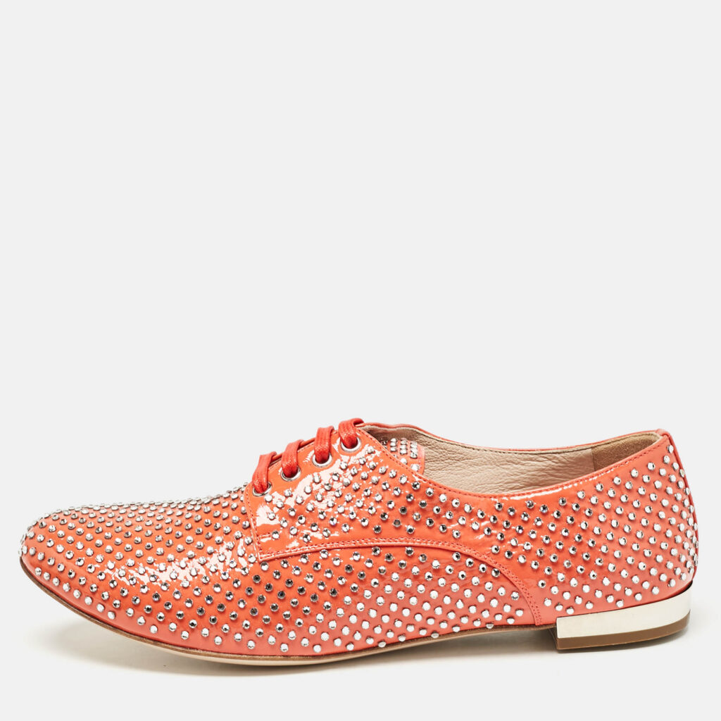 Miu Miu Orange Patent Leather Crystal Embellished Heels Lace Up Derby Size 36 Miu Miu Orange Patent Leather Crystal Embellished Heels Lace Up Derby Size 36
