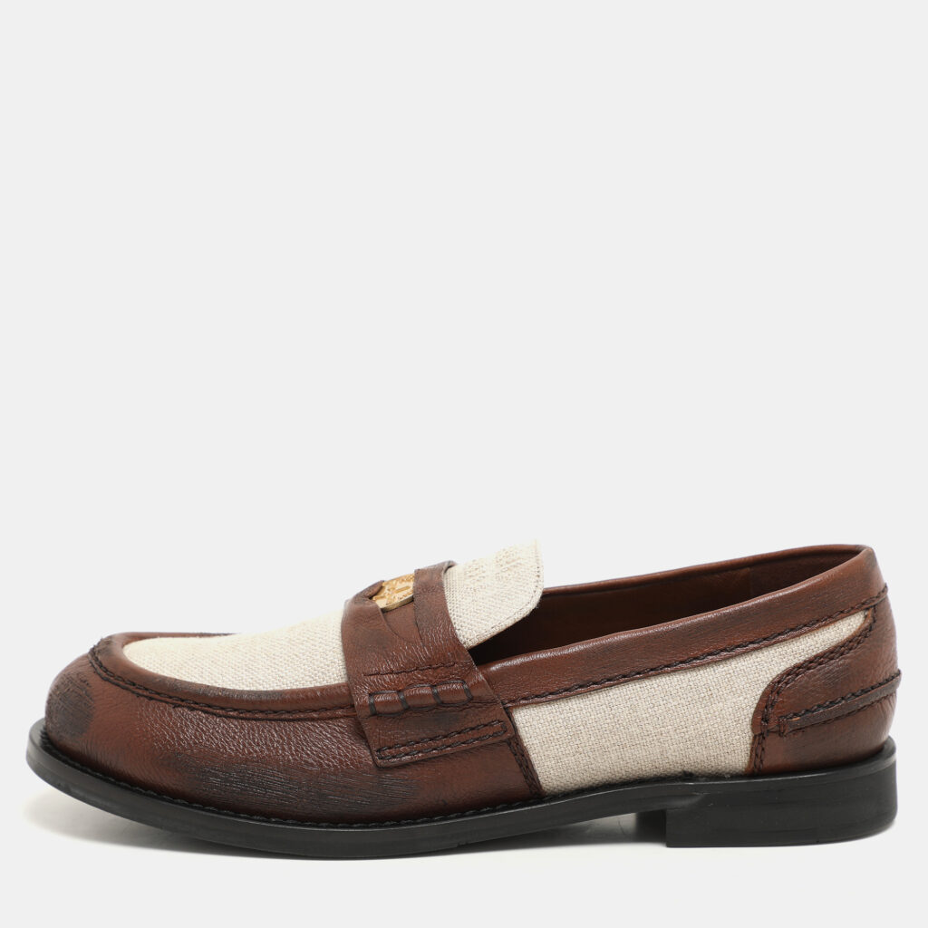 Miu Miu Beige/Brown Canvas and Leather Penny Loafers Size 37 Miu Miu Beige/Brown Canvas and Leather Penny Loafers Size 37