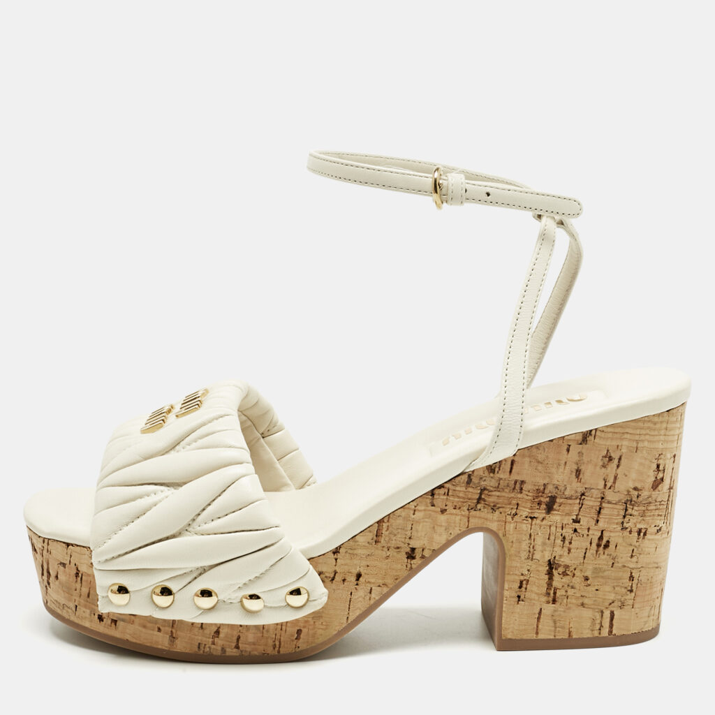Miu Miu White Leather Ankle Strap Cork Sandals Size 36.5 Miu Miu White Leather Ankle Strap Cork Sandals Size 36.5