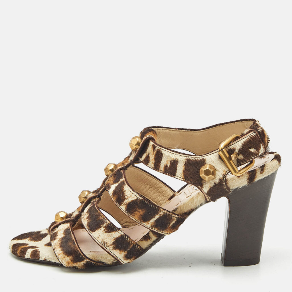 Miu Miu Brown/Beige Calf Hair Studded Strappy Sandals Size 35.5