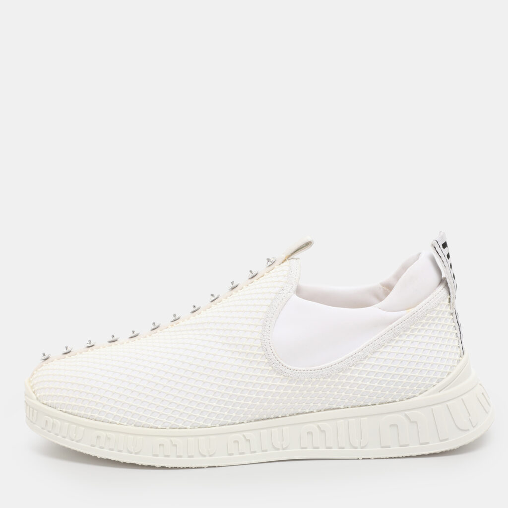 Miu Miu White Mesh and Neoprene Crystal Embellished Slip-On Sneakers Size 38 Miu Miu White Mesh and Neoprene Crystal Embellished Slip-On Sneakers Size 38