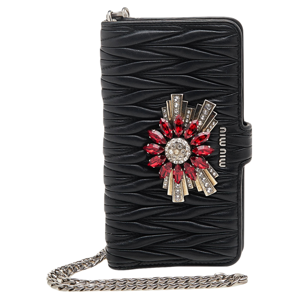 luxury-women-miu-miu-used-accessories-p598018-008.jpg Miu Miu Black Matelasse Leather Flower Embellished iPhone 8 Plus Case