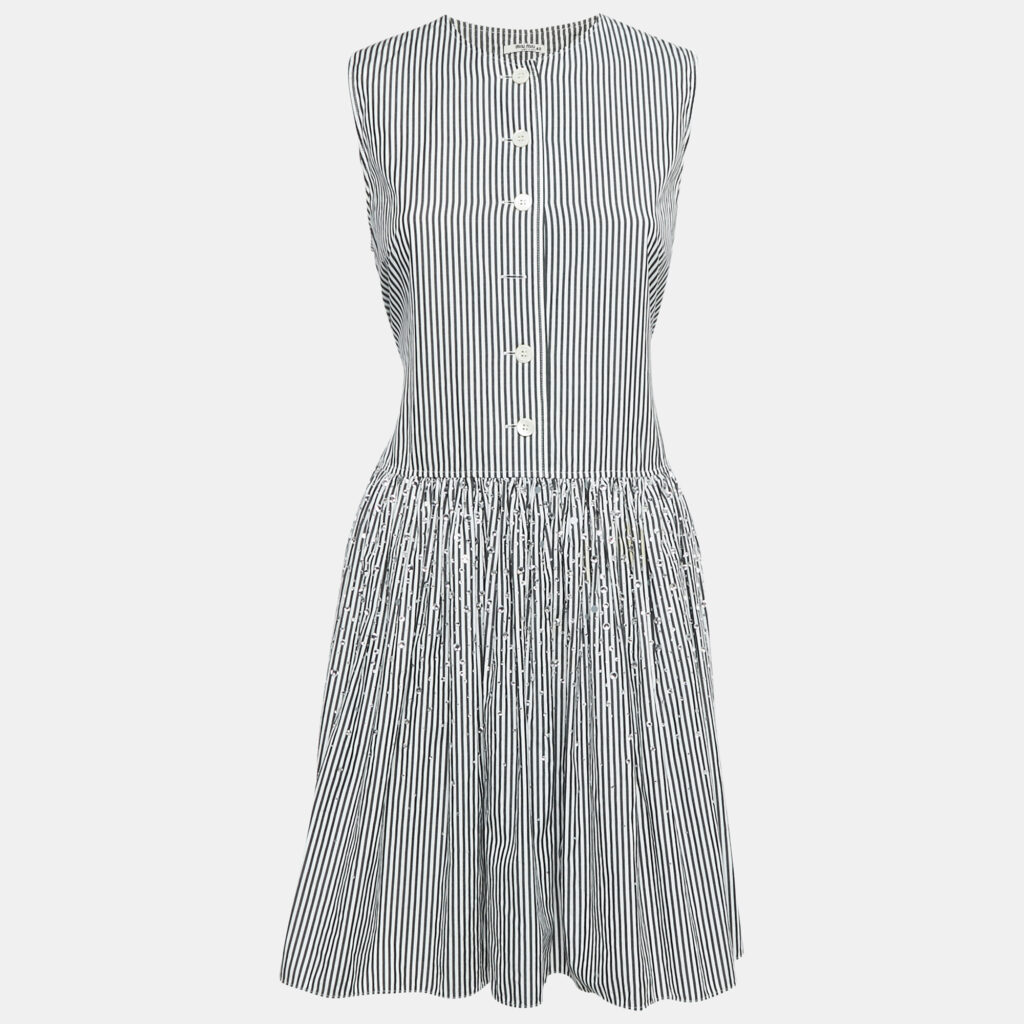 luxury-women-miu-miu-used-clothes-p1141662-005-1.jpg Miu Miu Black/White Striped Cotton Crystal Embellished Dropwaist Dress M