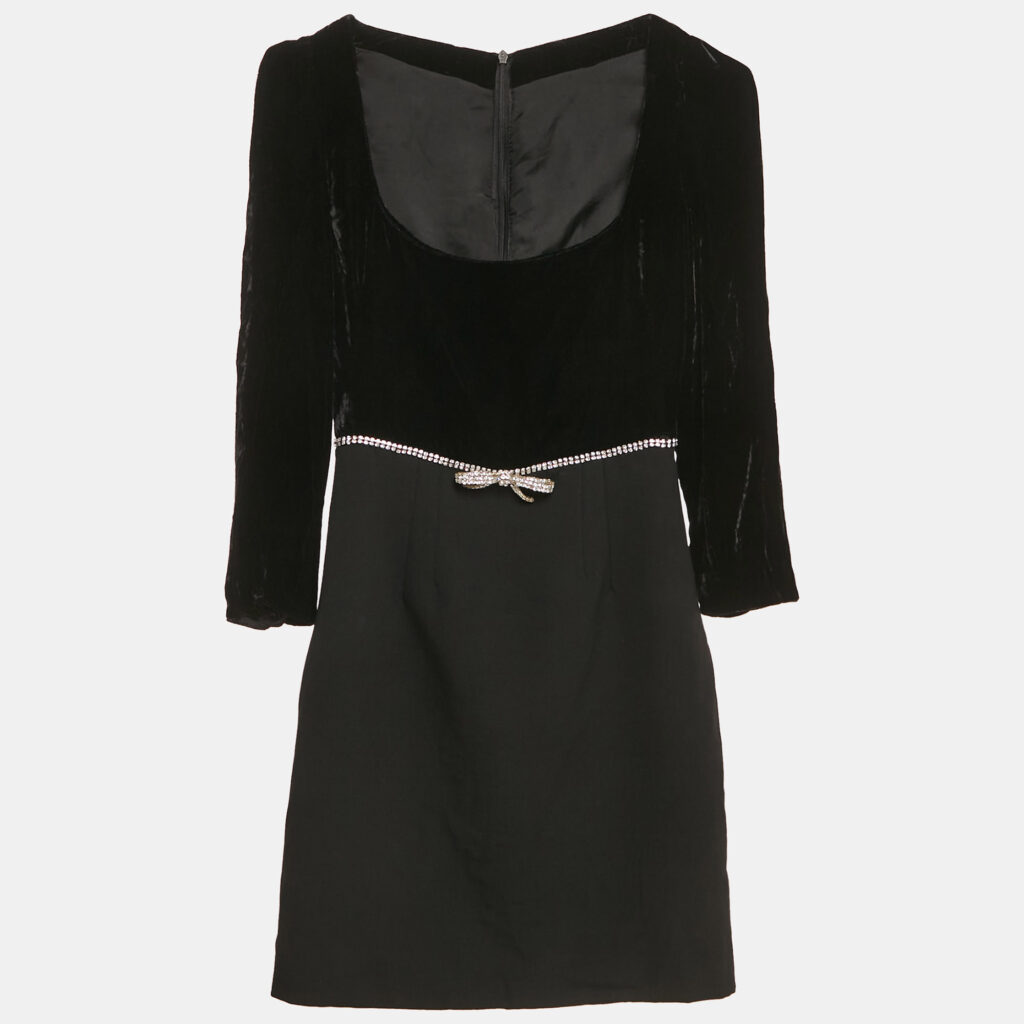 Miu Miu Black Velvet and Wool Crystal Bow Detail Mini Dress XS Miu Miu Black Velvet and Wool Crystal Bow Detail Mini Dress XS