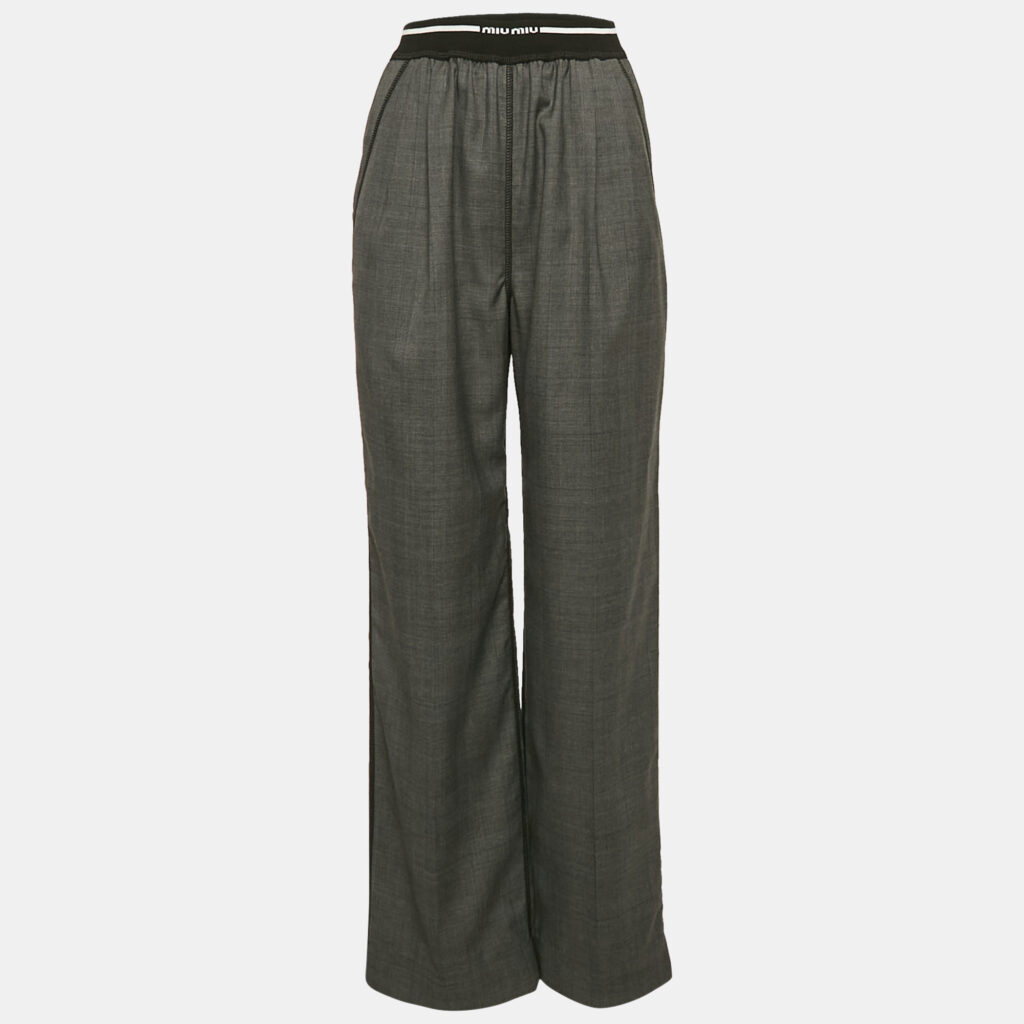 Miu Miu Grey Logo Ribbed Waistband Wool Trousers S Miu Miu Grey Logo Ribbed Waistband Wool Trousers S