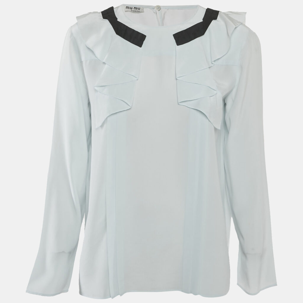 luxury-women-miu-miu-used-clothes-p1170566-002-1.jpg Miu Miu Blue Silk Ruffled Blouse M