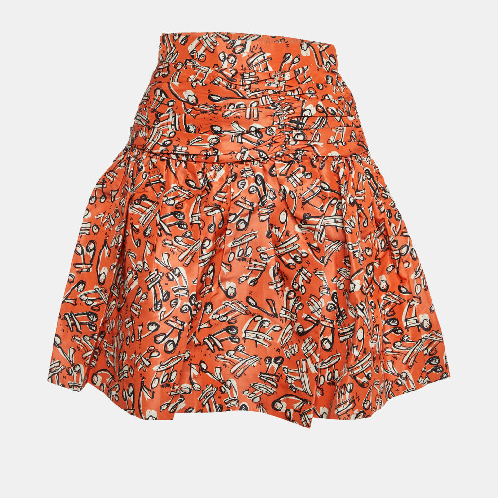 Miu Miu Orange Printed Silk Pleated Mini Skirt S
