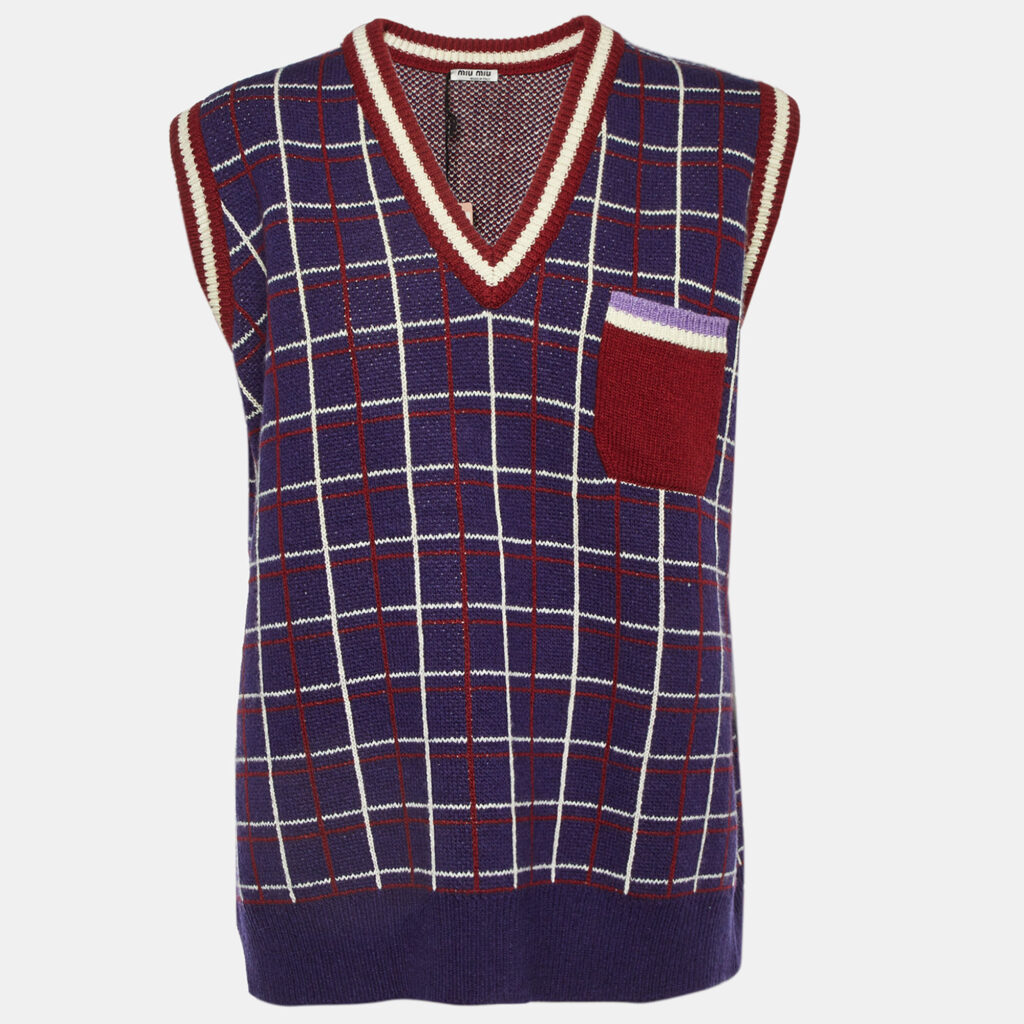 Miu Miu Blue Contrast Detail Wool Knit Sleeveless Sweater S Miu Miu Blue Contrast Detail Wool Knit Sleeveless Sweater S