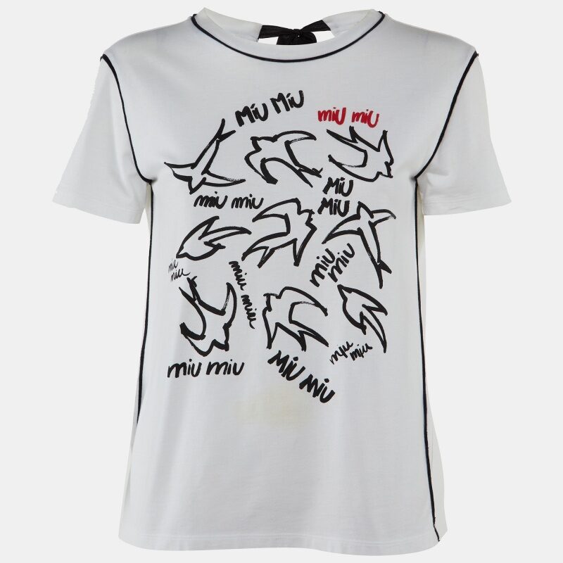 Miu Miu White Bird Print Cotton Knit Tie-Up Detail Top S Miu Miu White Bird Print Cotton Knit Tie-Up Detail Top S