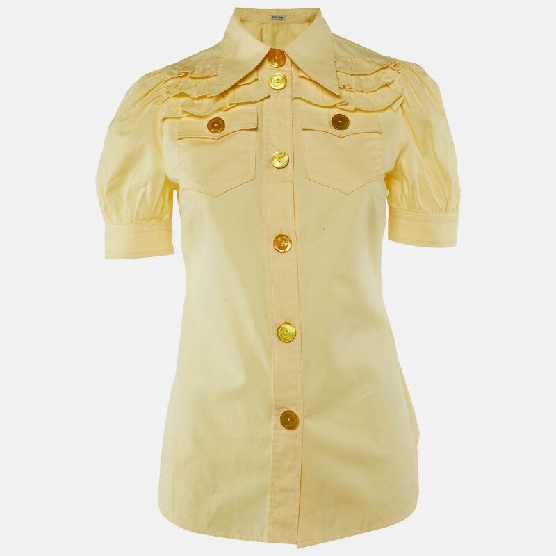 Miu Miu Yellow Cotton Ruffled Button Front Shirt S Miu Miu Yellow Cotton Ruffled Button Front Shirt S