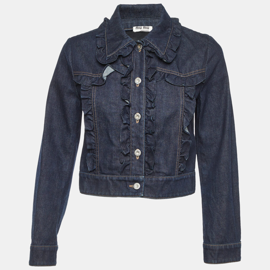 Miu Miu Dark Blue Denim Ruffled Crop Jacket S Miu Miu Dark Blue Denim Ruffled Crop Jacket S