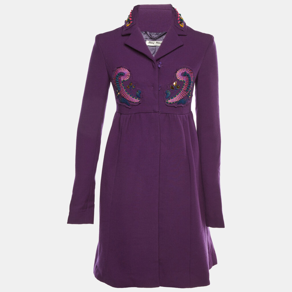Miu Miu Purple Wool Embellished Long Sleeve Coat S Miu Miu Purple Wool Embellished Long Sleeve Coat S