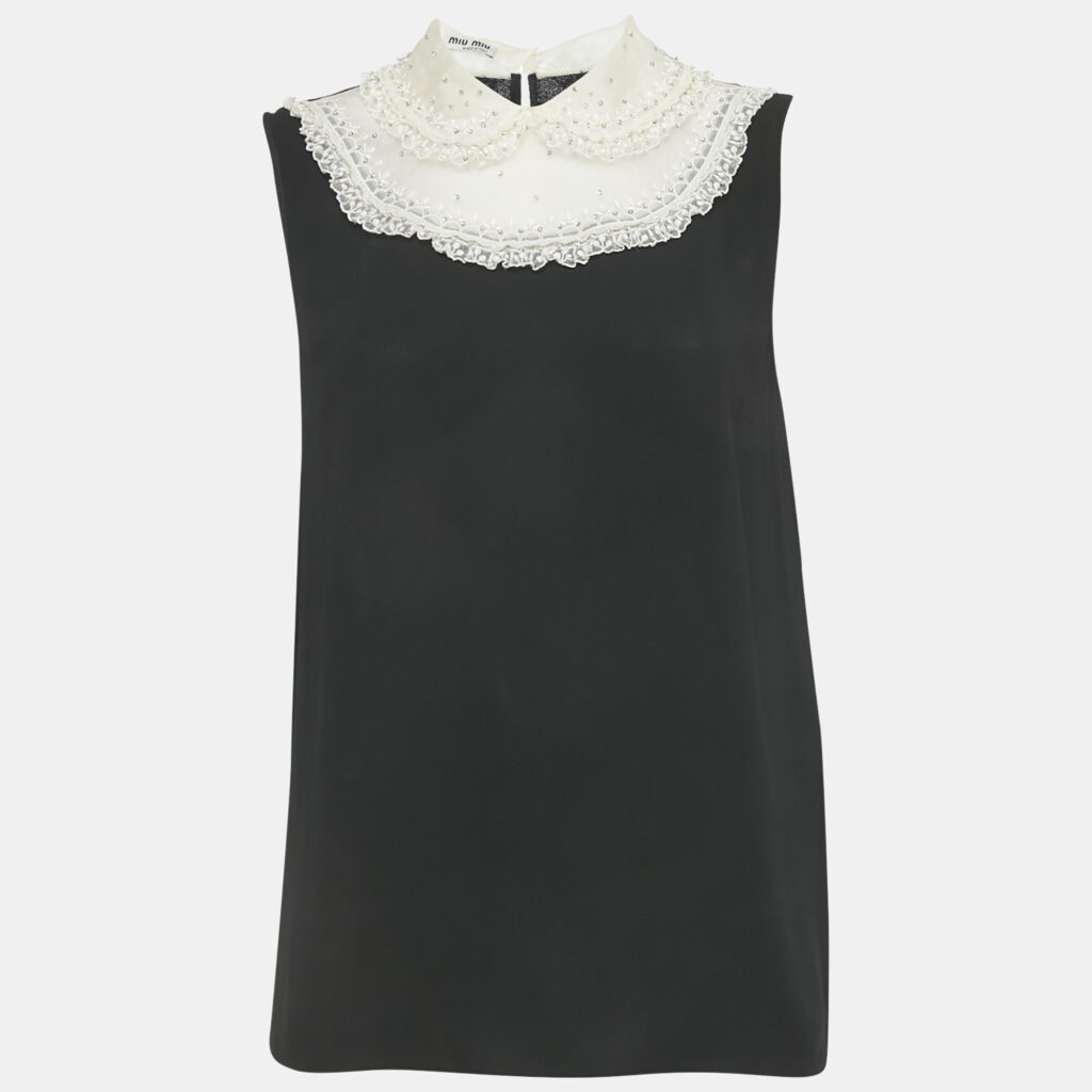 Miu Miu Black Crepe Doll Collar Detail Sleeveless Top M Miu Miu Black Crepe Doll Collar Detail Sleeveless Top M
