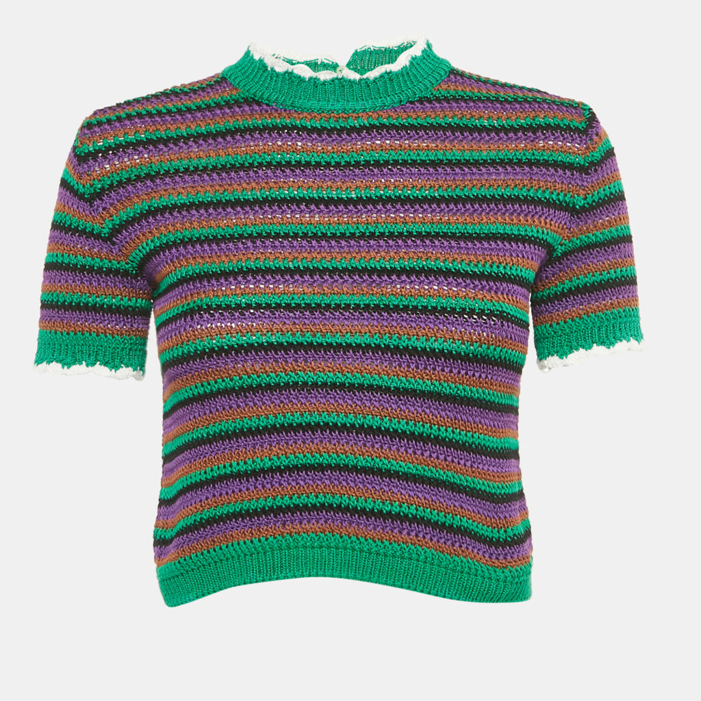 Miu Miu Multicolor Stripe Crochet Knit Short Sleeve Sweater S