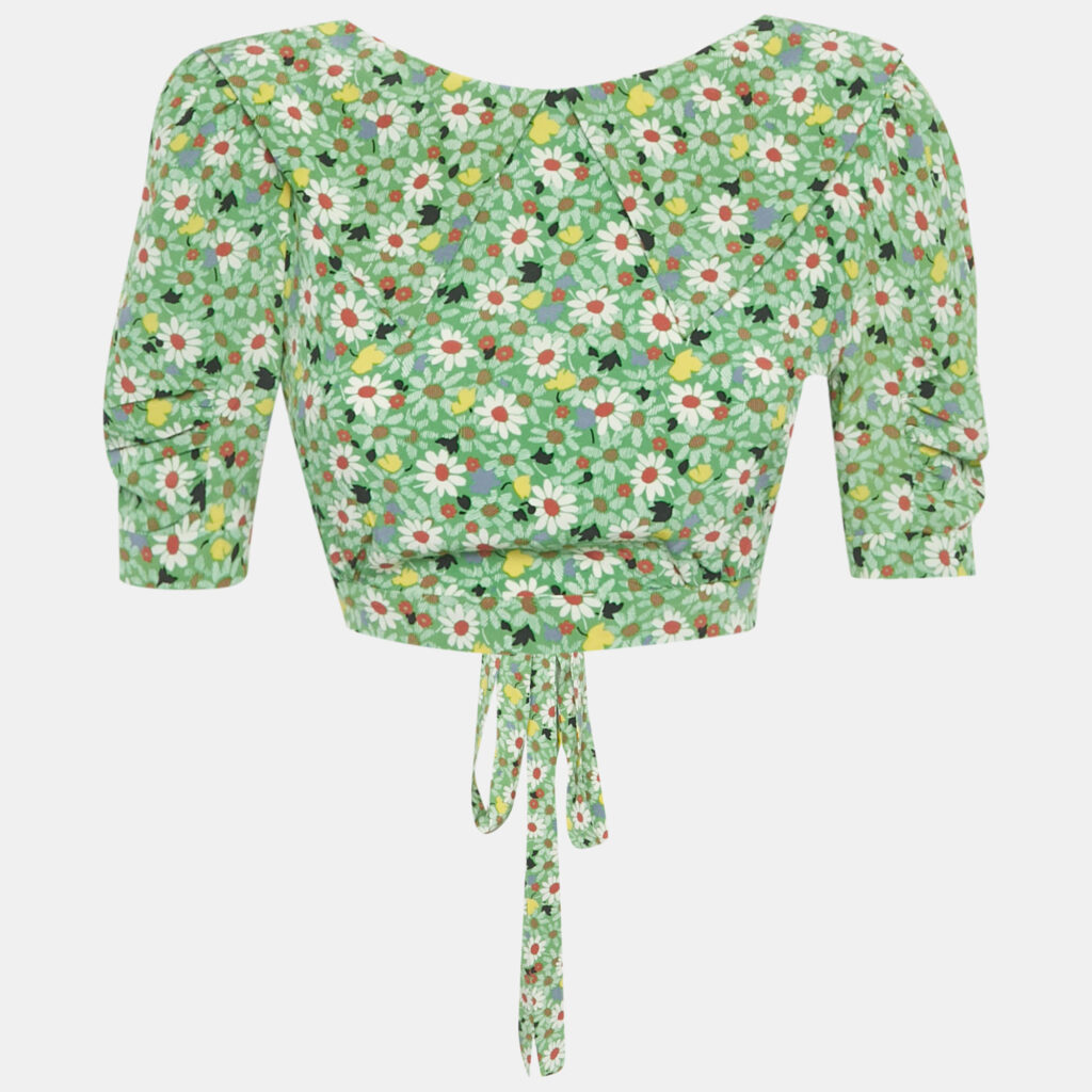 Miu Miu Green Floral Print Crepe Silk Tie Detail Crop Top S Miu Miu Green Floral Print Crepe Silk Tie Detail Crop Top S