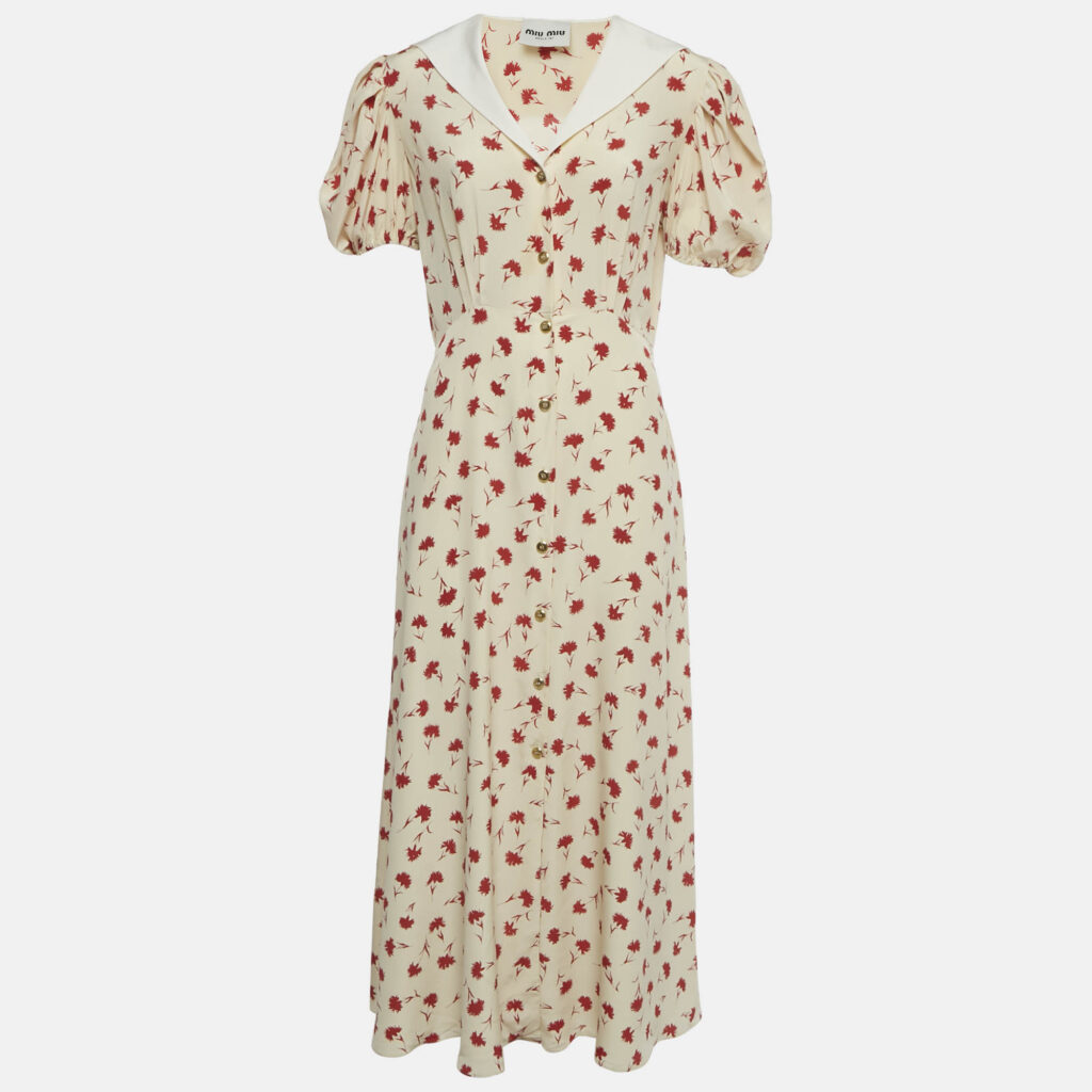 Miu Miu Cream Floral Print Silk Maxi Dress M Miu Miu Cream Floral Print Silk Maxi Dress M
