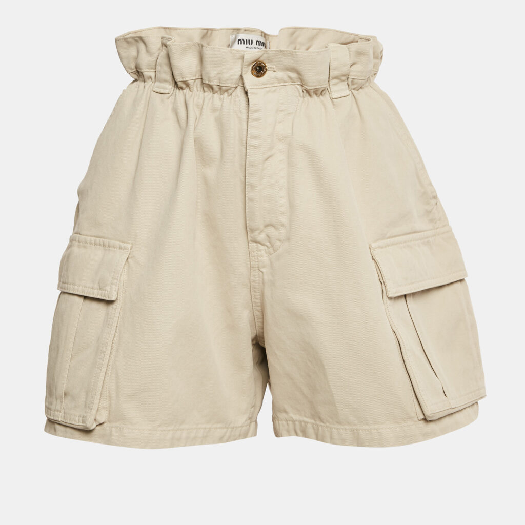 Miu Miu Beige Logo Embroidered Cotton High Rise Cargo Shorts S Miu Miu Beige Logo Embroidered Cotton High Rise Cargo Shorts S