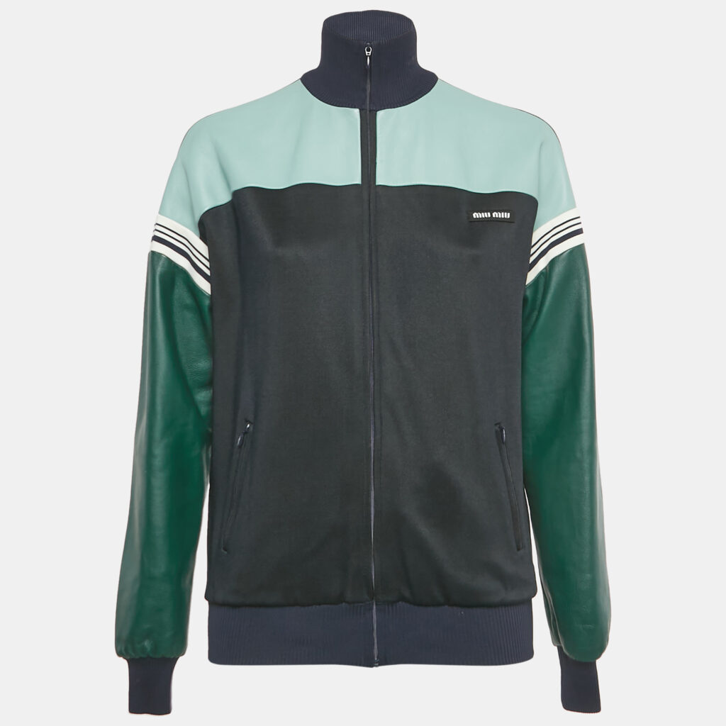 luxury-women-miu-miu-used-clothes-p1250095-005-1.jpg Miu Miu Navy/Green Leather and Jersey Zip-Up Jacket S