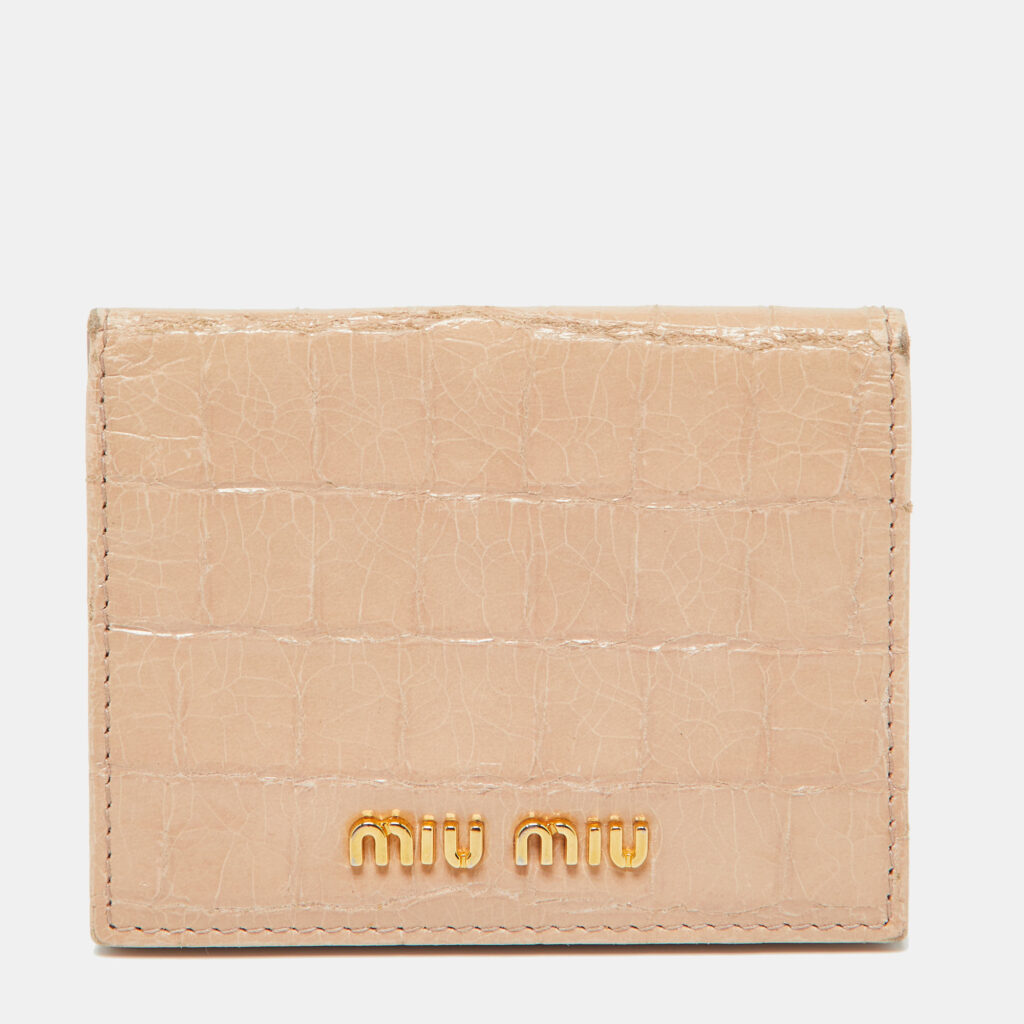 Miu Miu Beige Croc Embossed Leather Card Case Miu Miu Beige Croc Embossed Leather Card Case