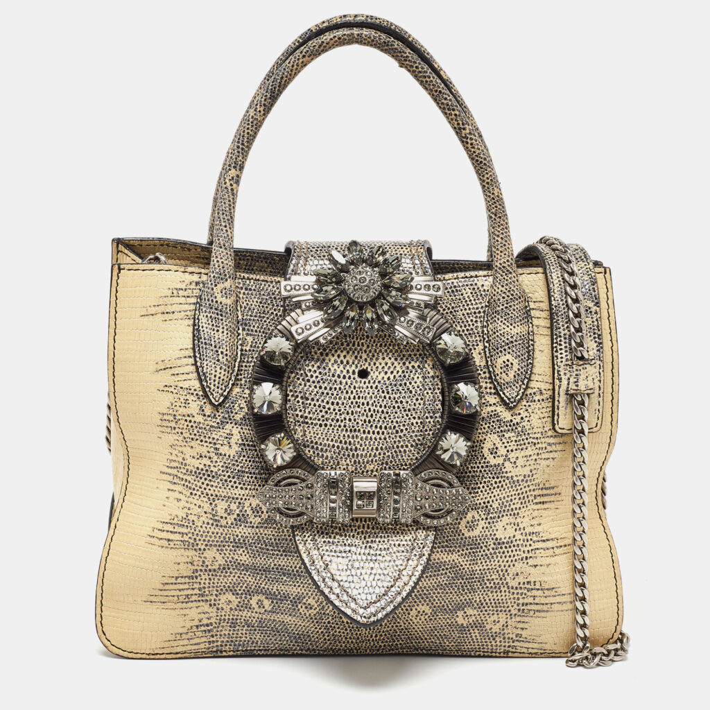 Miu Miu Cream/Black Lizard Embossed Leather Crystal Embellished Tote Miu Miu Cream/Black Lizard Embossed Leather Crystal Embellished Tote
