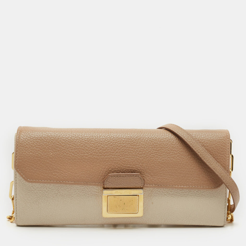 Miu Miu Two Tone Beige Leather Pushlock Flap Wallet on Chain Miu Miu Two Tone Beige Leather Pushlock Flap Wallet on Chain