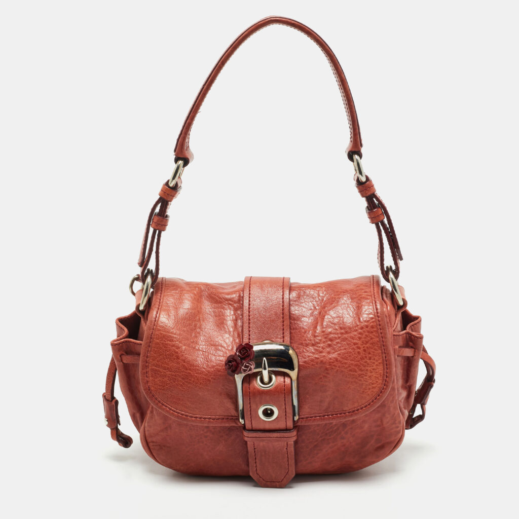 Miu Miu Brick Red Leather Embellished Buckle Flap Bag