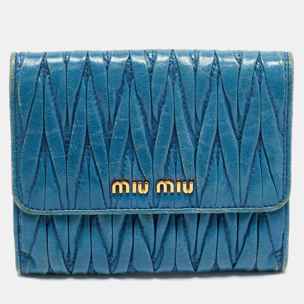 Miu Miu Blue Matelassé Leather Flap French Wallet Miu Miu Blue Matelassé Leather Flap French Wallet