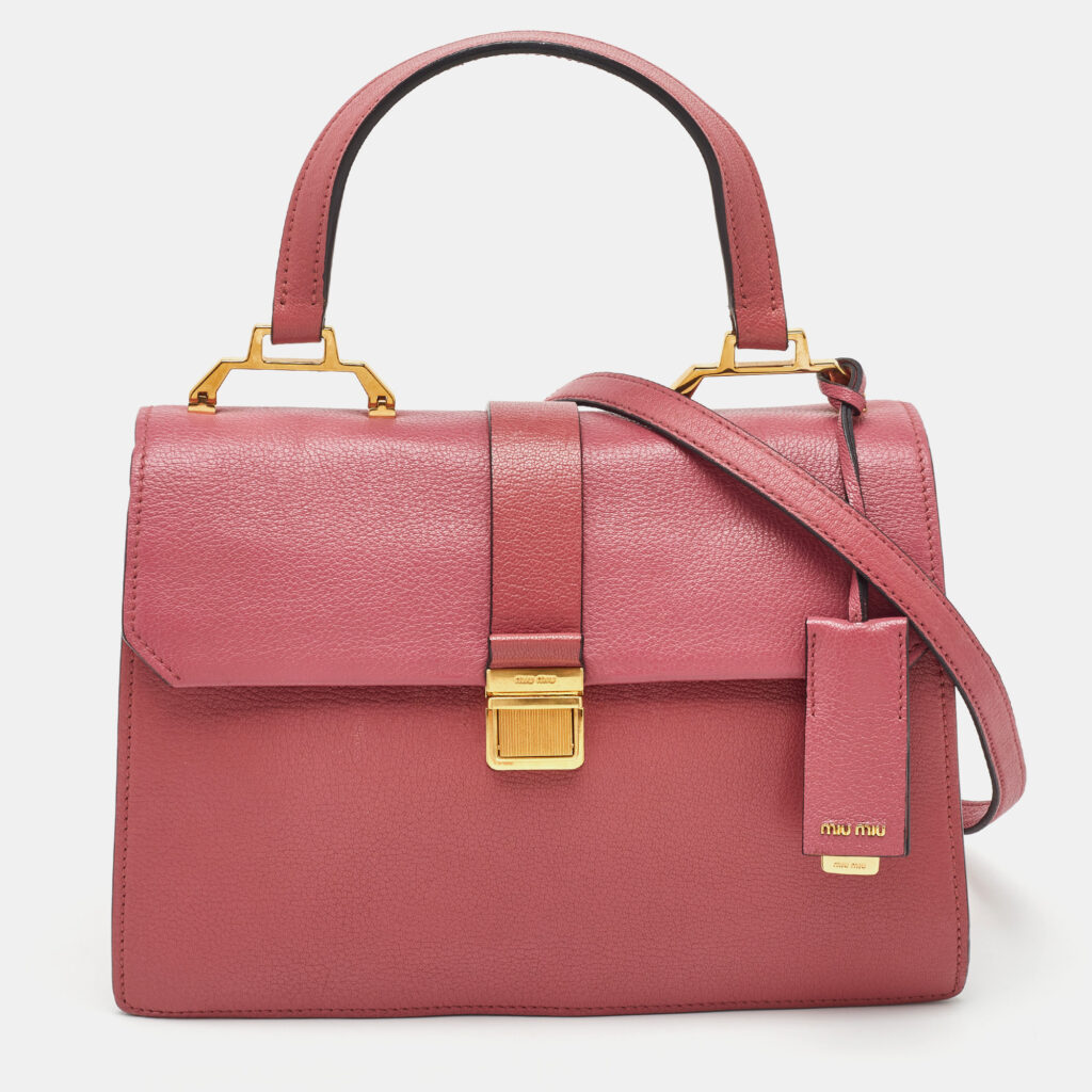 Miu Miu Rose Pink Madras Leather Pushlock Top Handle Bag