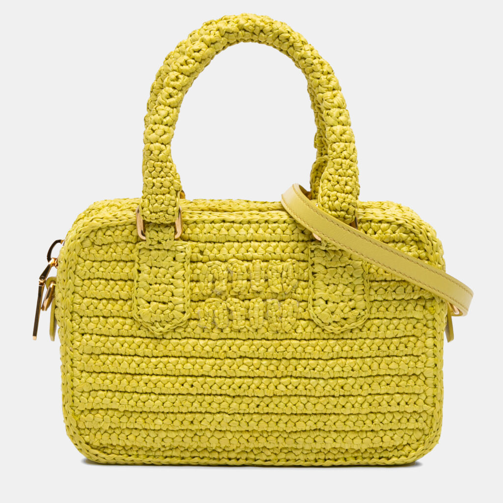 Miu Miu Yellow Raffia Crochet Arcadie Top Handle Bag