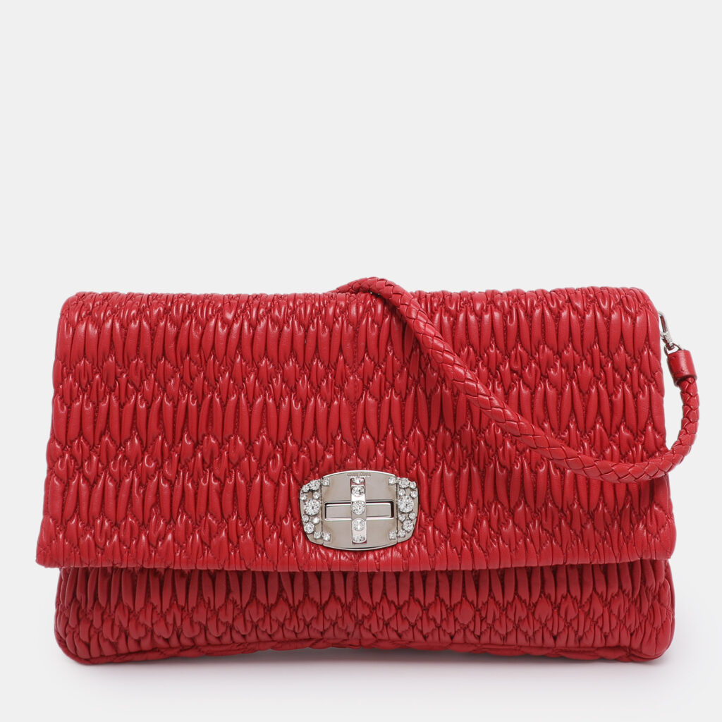 Miu Miu Red Matelassé Nappa Leather Crystal Shoulder Bag Miu Miu Red Matelassé Nappa Leather Crystal Shoulder Bag
