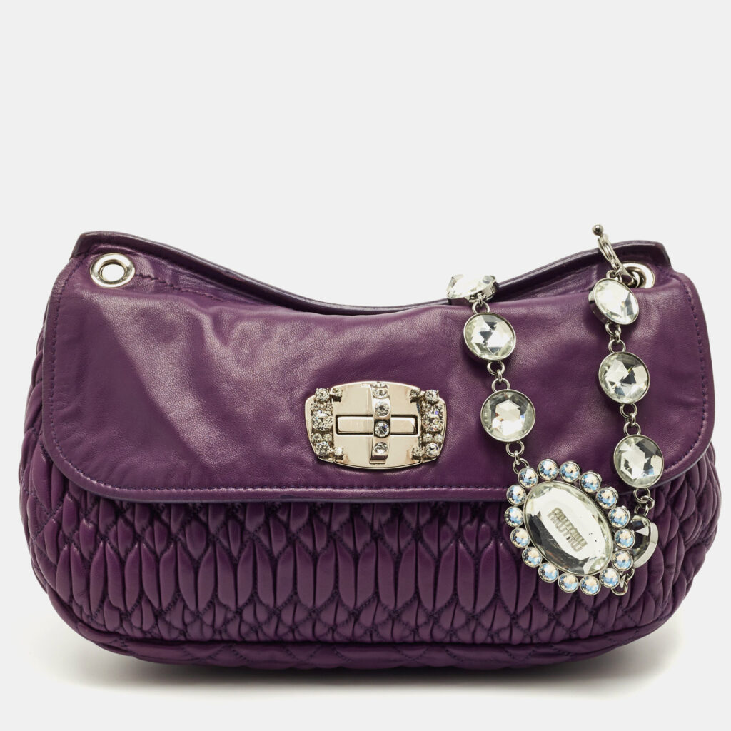 Miu Miu Purple Matelasse Leather Crystal Chain Flap Shoulder Bag Miu Miu Purple Matelasse Leather Crystal Chain Flap Shoulder Bag
