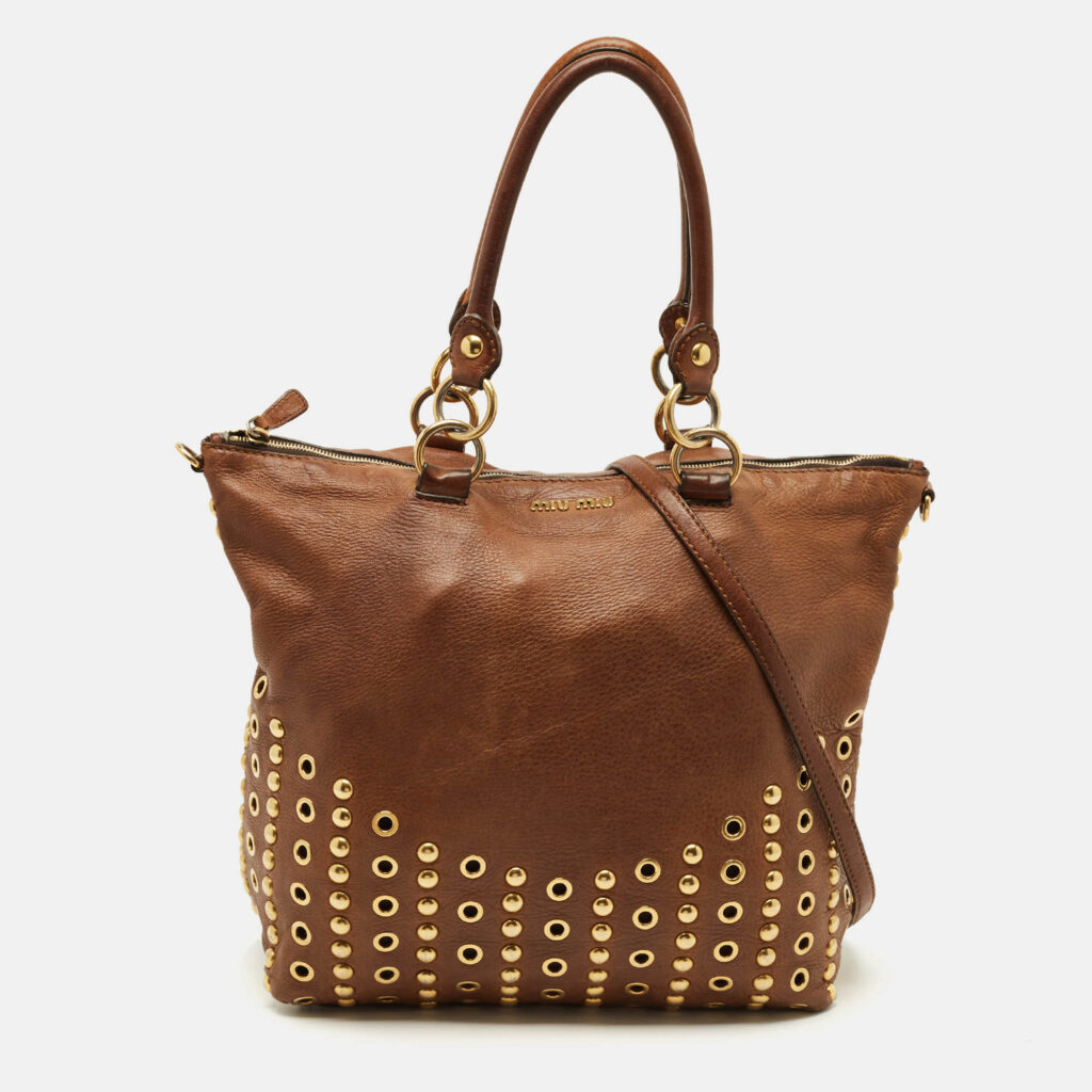 Miu Miu Brown Leather Grommet and Studded Tote