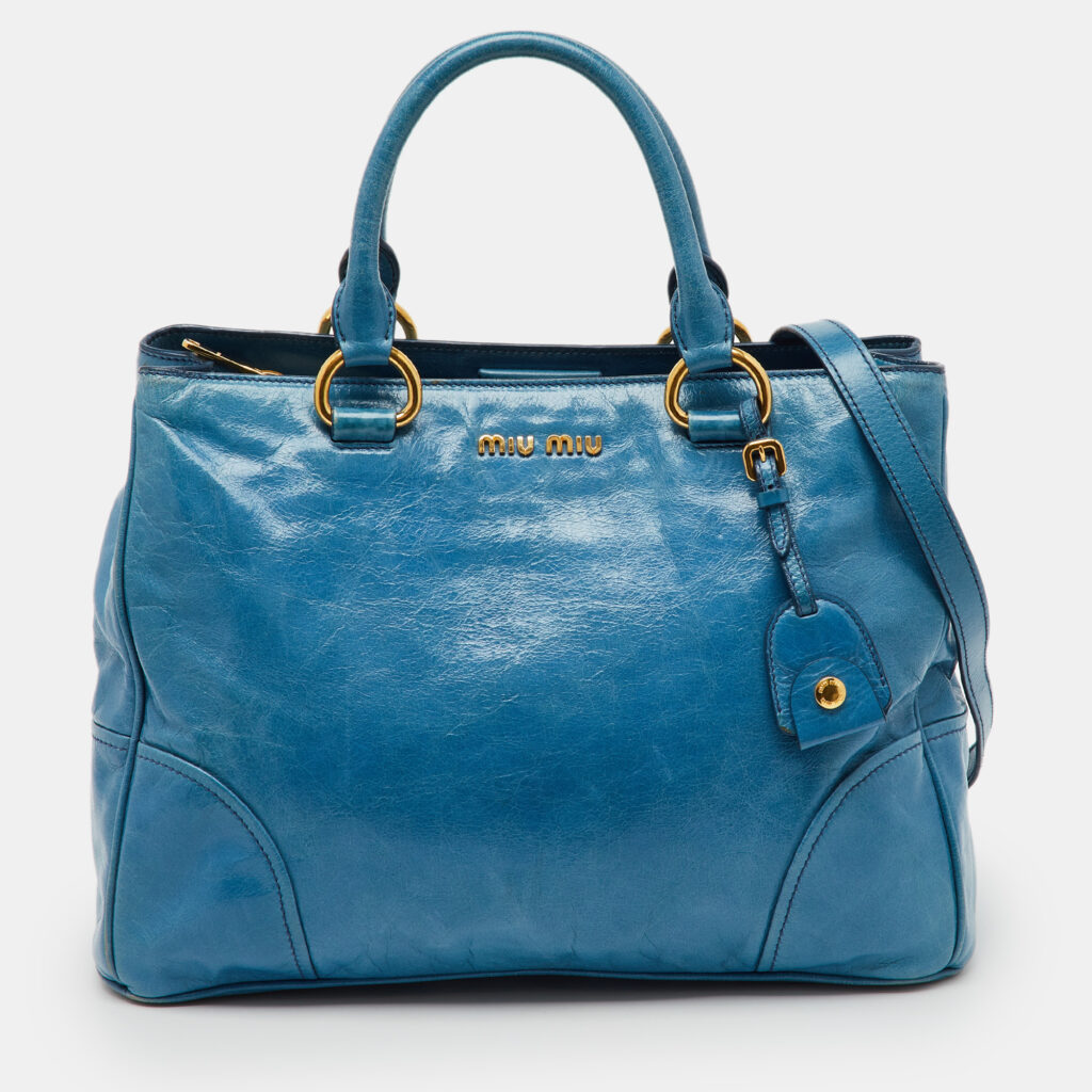Miu Miu Blue Vitello Shine Leather Double Zip Tote Miu Miu Blue Vitello Shine Leather Double Zip Tote