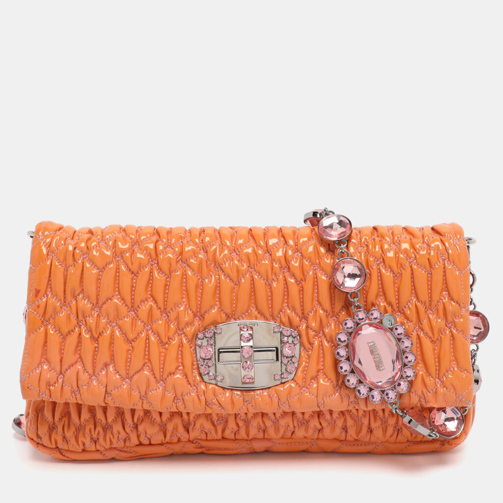 Miu Miu Orange Matelasse Leather Crystal Flap Shoulder Bag Miu Miu Orange Matelasse Leather Crystal Flap Shoulder Bag