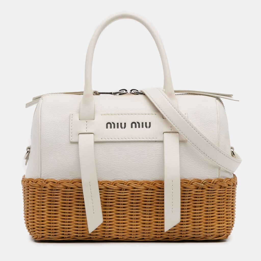 Miu Miu Brown White Wicker Trimmed Leather Top Handle Bag Miu Miu Brown White Wicker Trimmed Leather Top Handle Bag