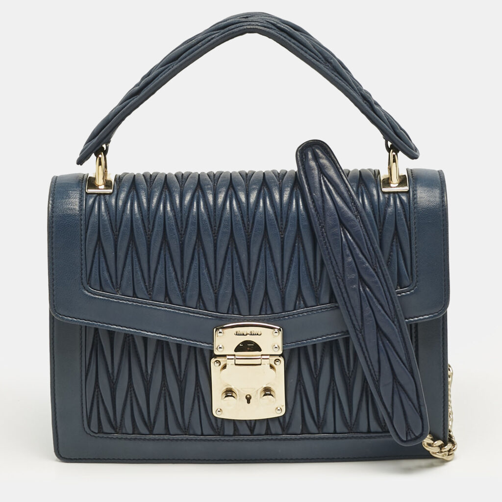 luxury-women-miu-miu-used-handbags-p1222896-001.jpg Miu Miu Navy Blue Matelassé Leather Pushlock Flap Top Handle Bag