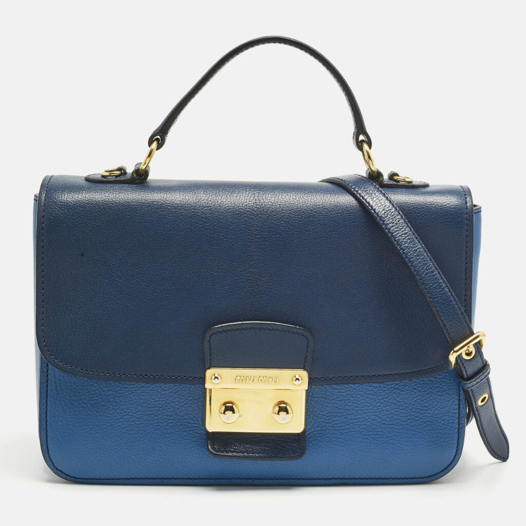 Miu Miu Two Tone Blue Madras Leather Push Lock Flap Top Handle Bag Miu Miu Two Tone Blue Madras Leather Push Lock Flap Top Handle Bag