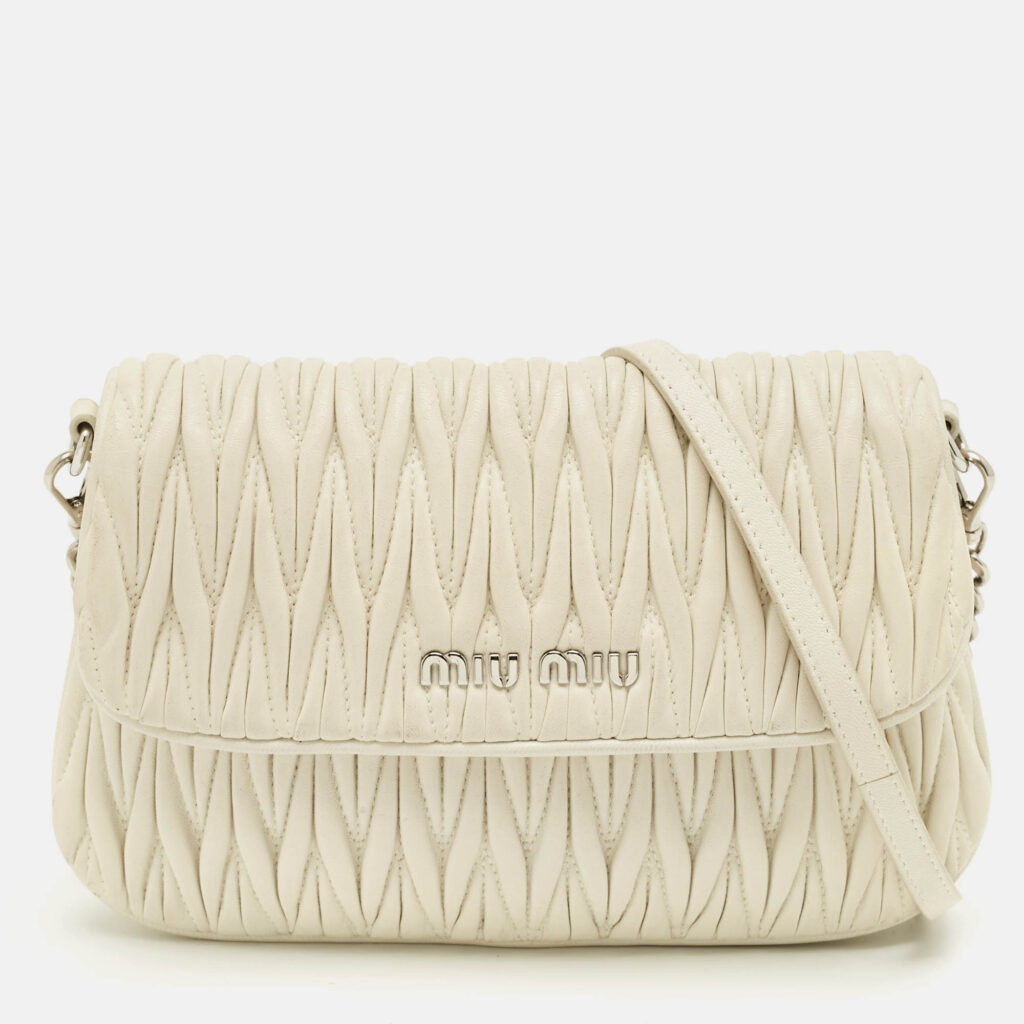 Miu Miu White Matelassé Leather Logo Flap Crossbody Bag