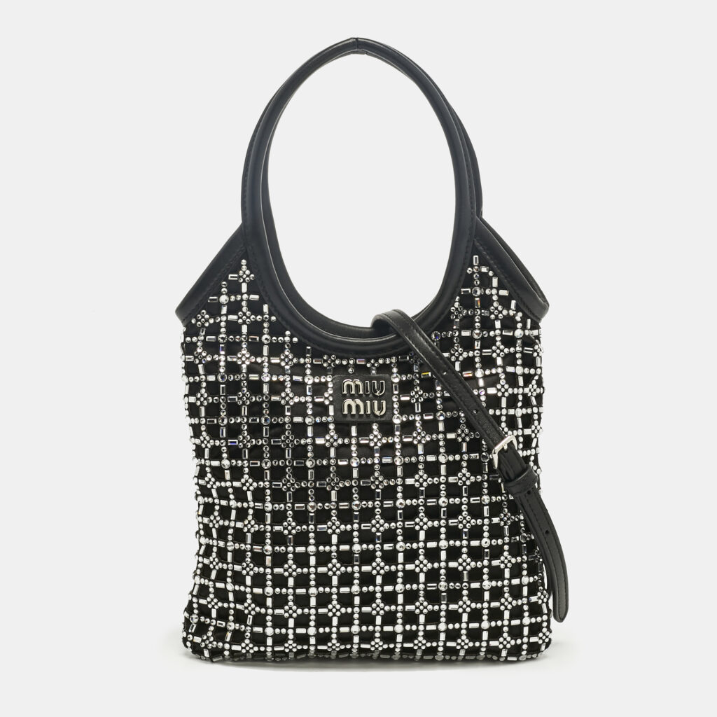 Miu Miu Black Leather and Satin Crystal Embellished Tote Miu Miu Black Leather and Satin Crystal Embellished Tote