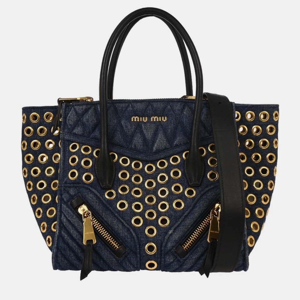 Miu Miu Navy Denim Biker Tote Bag Miu Miu Navy Denim Biker Tote Bag