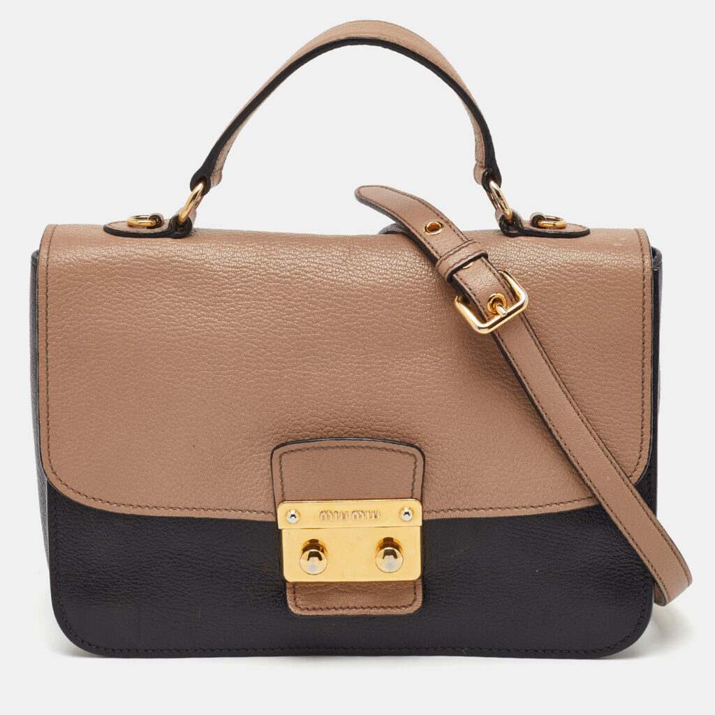 Miu Miu Black/Beige Leather Push Lock Flap Top Handle Bag