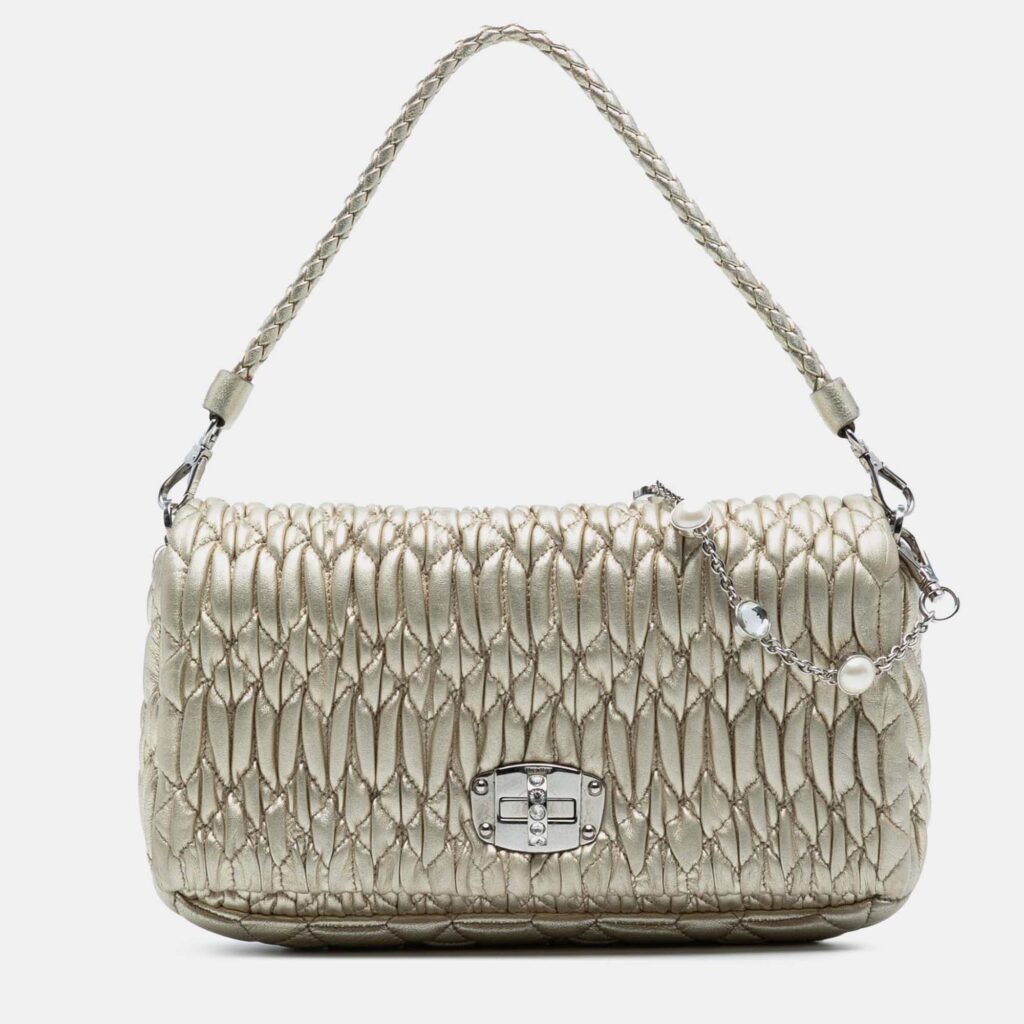 Miu Miu Gold Matelasse Nappa Crystal Chain Satchel Miu Miu Gold Matelasse Nappa Crystal Chain Satchel