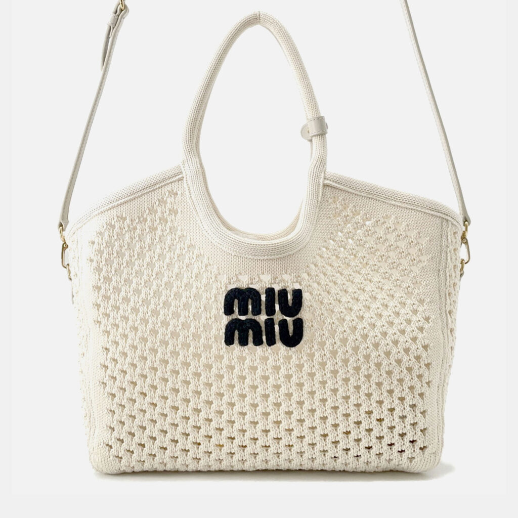Miumiu Ivy Logo Tote White/Black Cotton100%