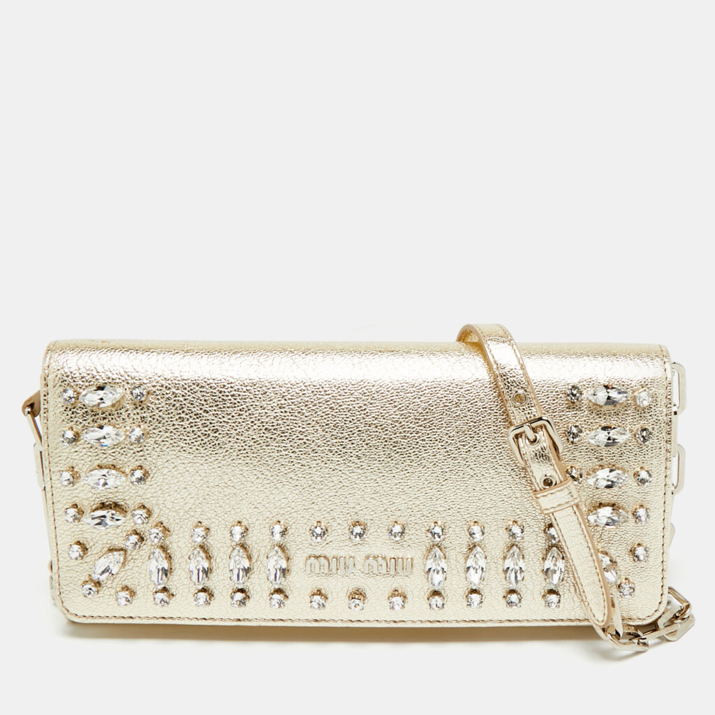 Miu Miu Gold Madras Ricamo Leather Crystal Embellished Chain Clutch