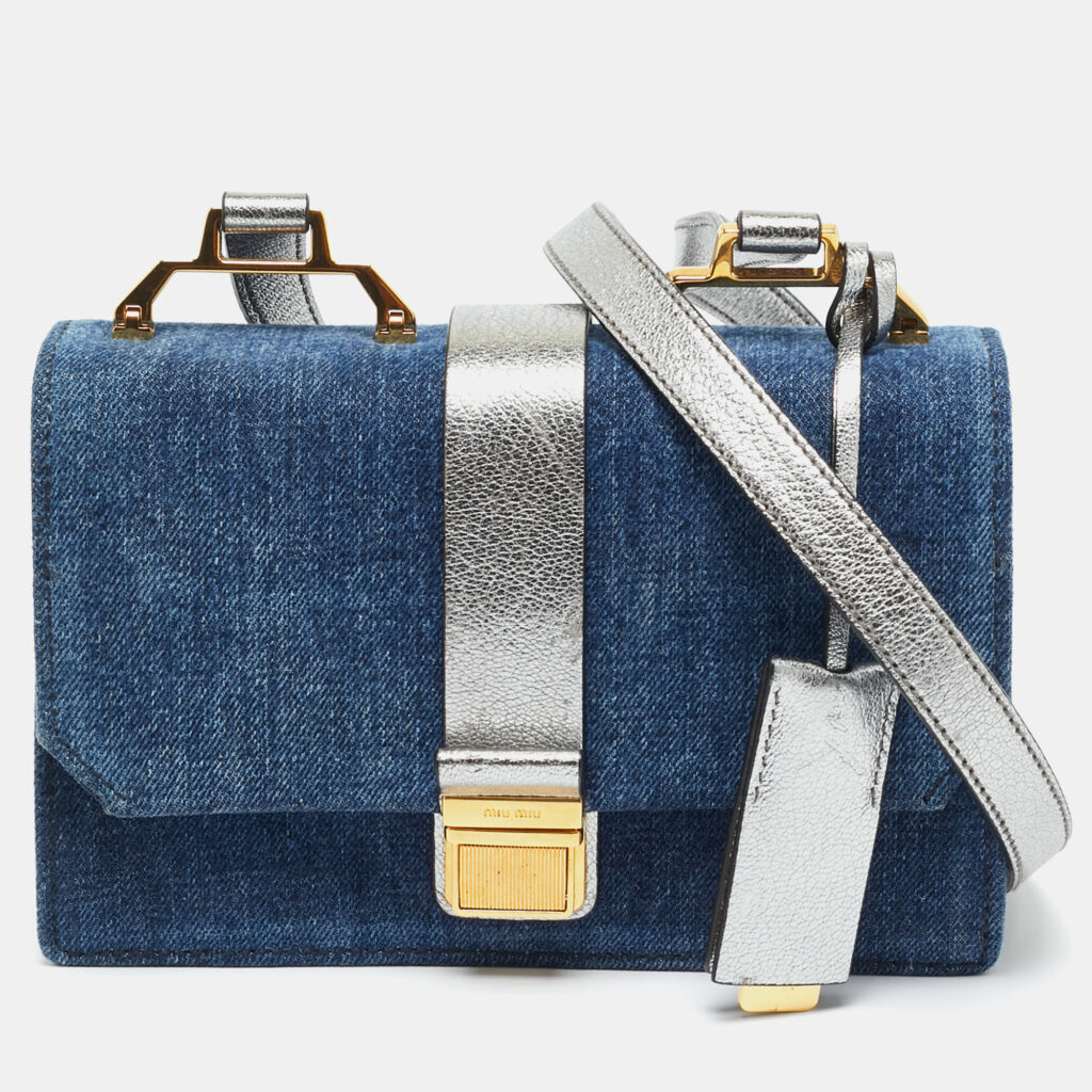 Miu Miu Silver/Blue Denim and Madras Leather Pushlock Top Handle Bag Miu Miu Silver/Blue Denim and Madras Leather Pushlock Top Handle Bag