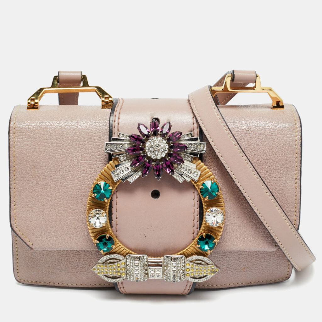 Miu Miu Pink Madras Leather Crystals Embellished Flap Shoulder Bag Miu Miu Pink Madras Leather Crystals Embellished Flap Shoulder Bag