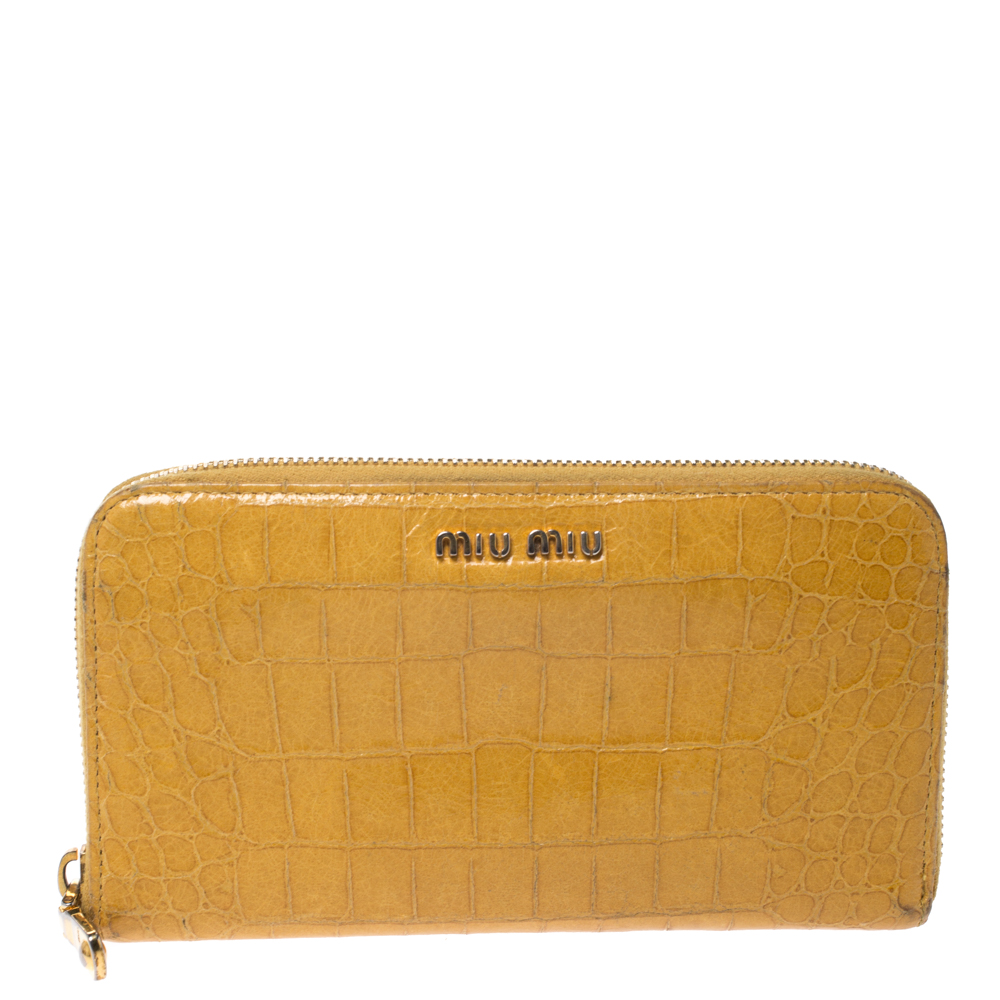 Miu Miu Yellow Croc Embossed Leather Zip Around Wallet Miu Miu Yellow Croc Embossed Leather Zip Around Wallet