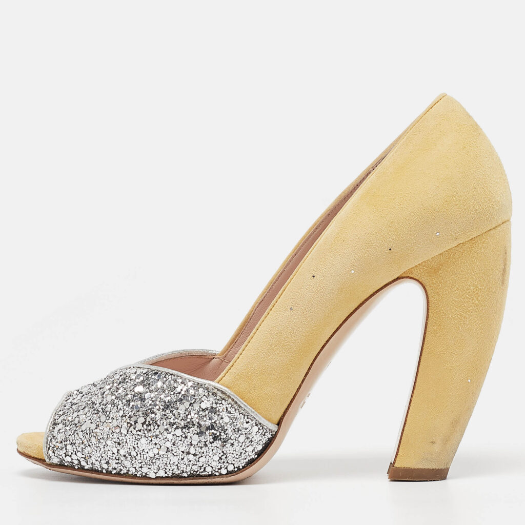Miu Miu Yellow Glitter and Suede Block Heel Pumps Size 38.5