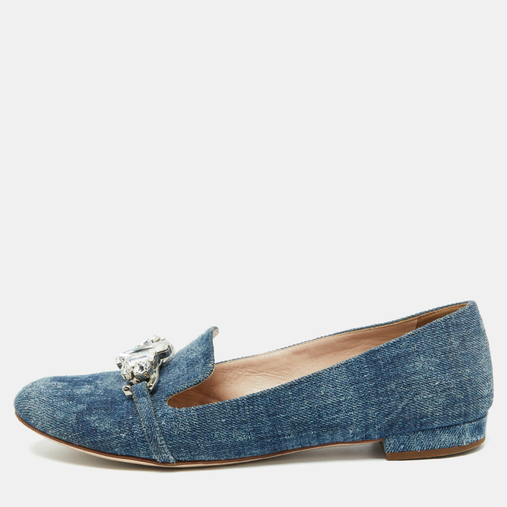 Miu Miu Blue Denim Crystal Embellished Smoking Slippers Size 38 Miu Miu Blue Denim Crystal Embellished Smoking Slippers Size 38